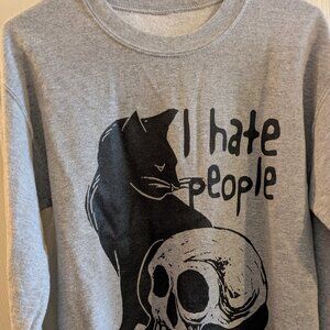 Goth Black Cat w Skull I Hate People Crew Sweatshirt Unisex Gray  for Introverts